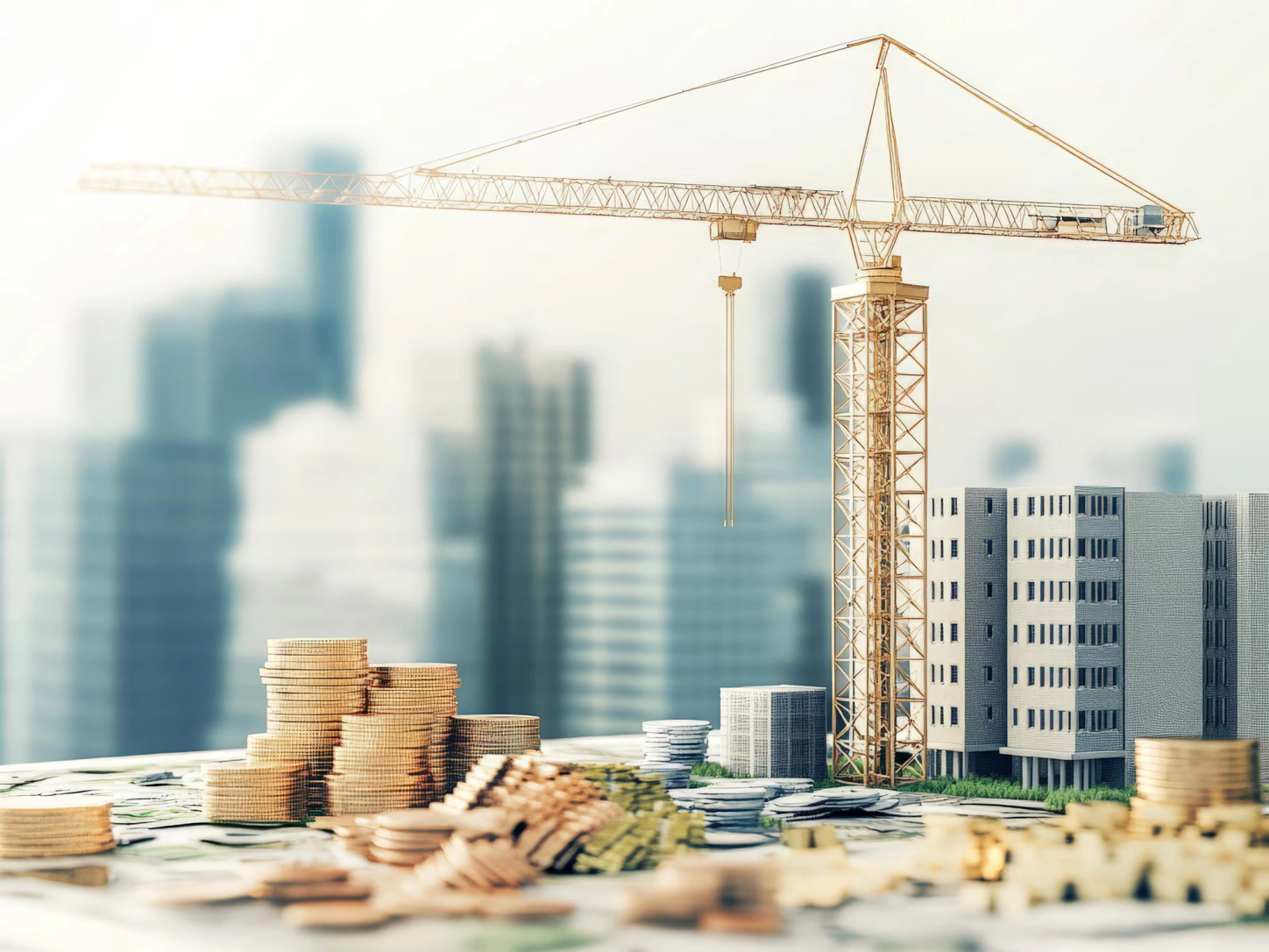 Una gru da cantiere sopra il modellino di una città, con pile di monete in primo piano