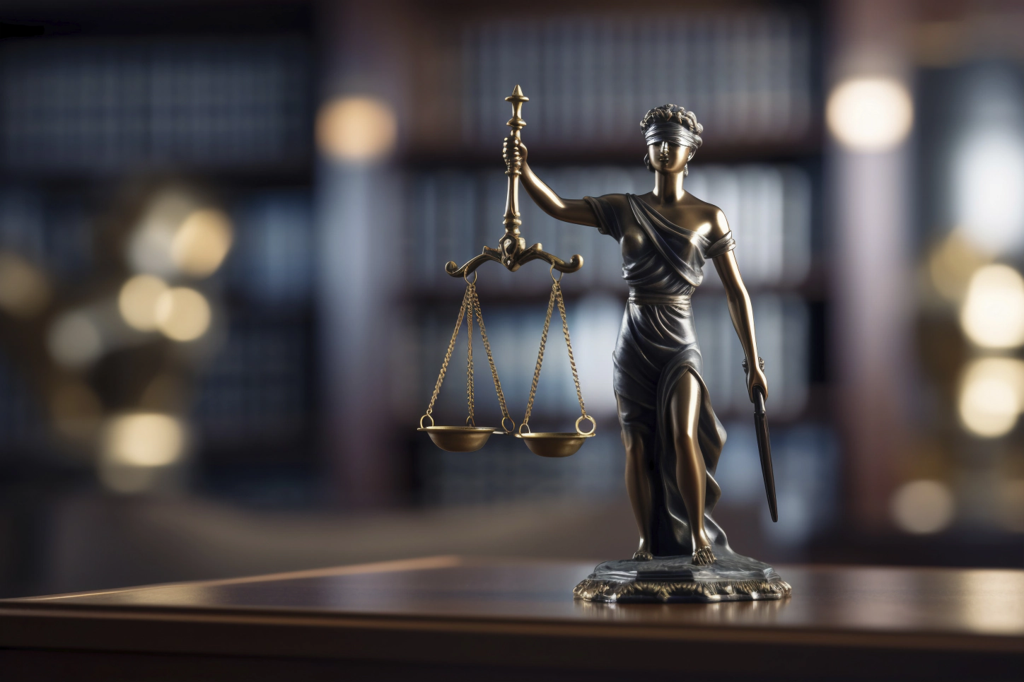 Una statua della Giustizia con la bilancia, davanti a una libreria
