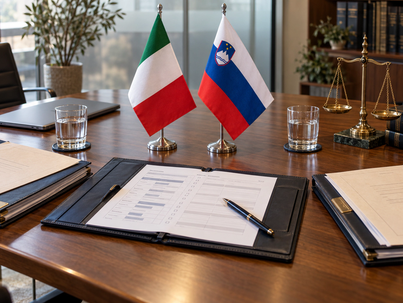 Un tavolo di lavoro con cartelle di documenti, una bilancia e le bandiere italiana e slovena