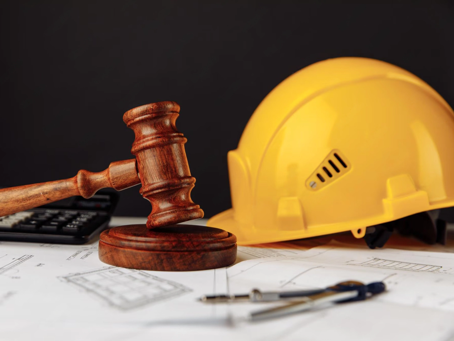 Un martelletto da giudice e un casco da cantiere giallo su disegni tecnici