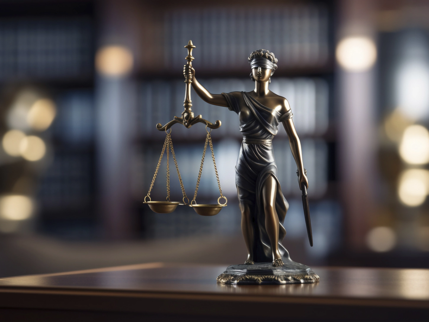 Una statua della Giustizia bendata con la bilancia, su un tavolo davanti a una libreria