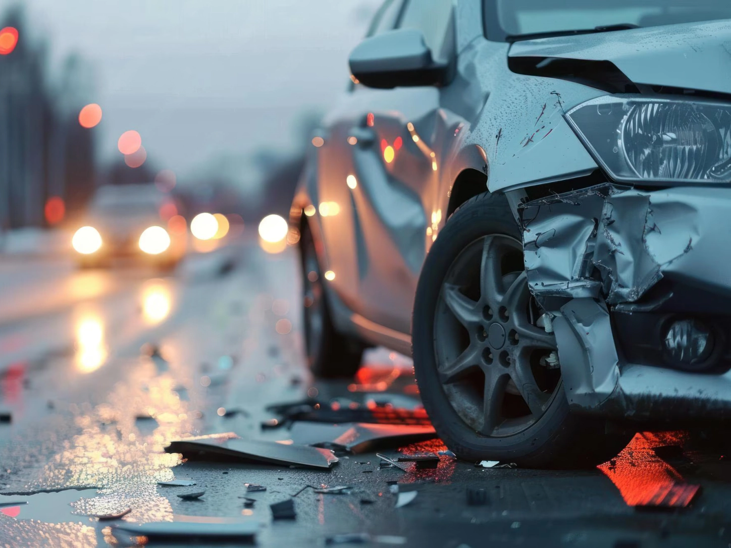 Un’auto con il paraurti anteriore danneggiato dopo un incidente, su una strada bagnata