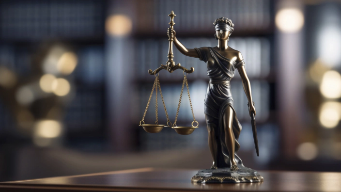 Una statua della Giustizia con la bilancia, su uno sfondo di libri