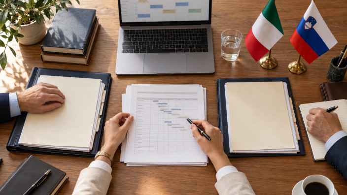 Un tavolo di lavoro con documenti, un portatile e le bandiere italiana e slovena