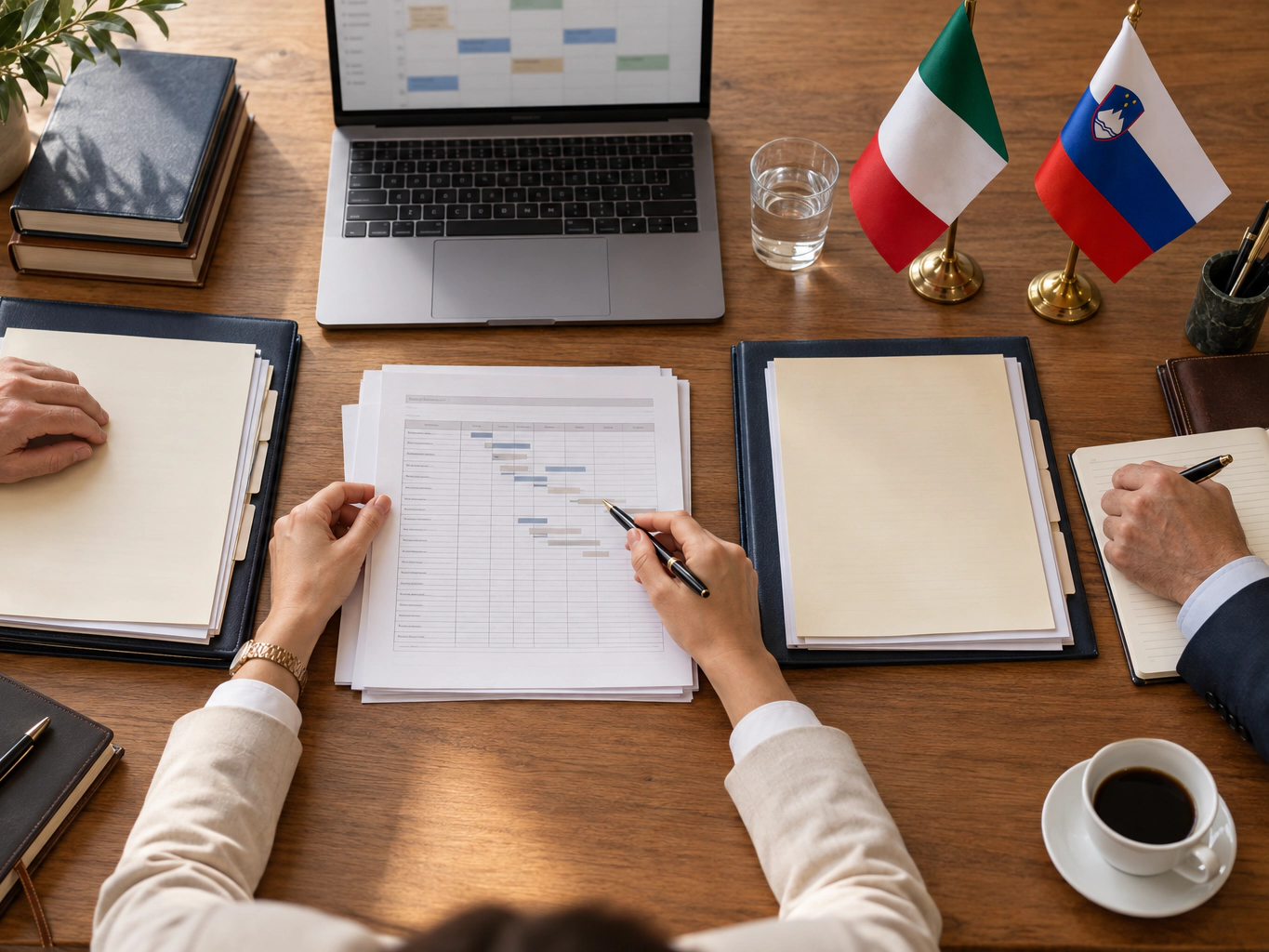 Un tavolo di lavoro con documenti, un portatile e le bandiere italiana e slovena