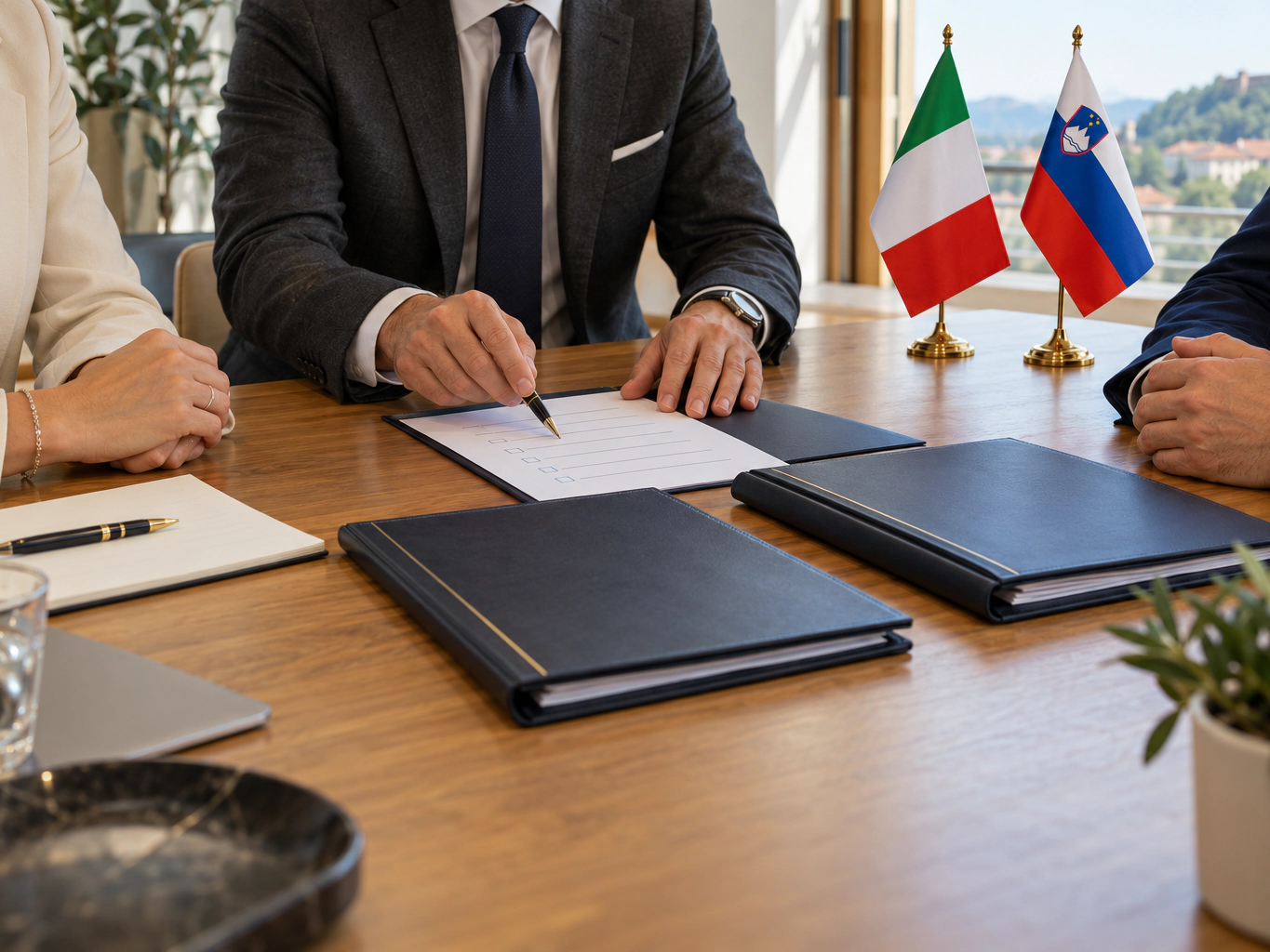 La firma di un documento a un tavolo, con le bandiere italiana e slovena